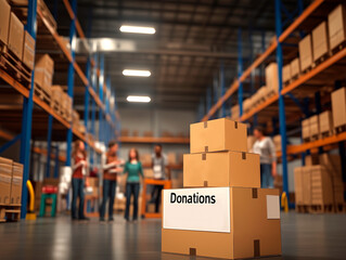 Group of volunteers stacking boxes labeled "Donations" in a warehouse setting with teamwork