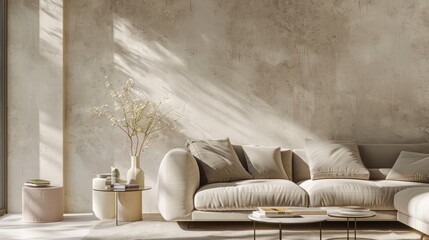 Room with beige sofa and text space