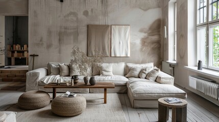 Scandinavian living room with fabric couch and table.