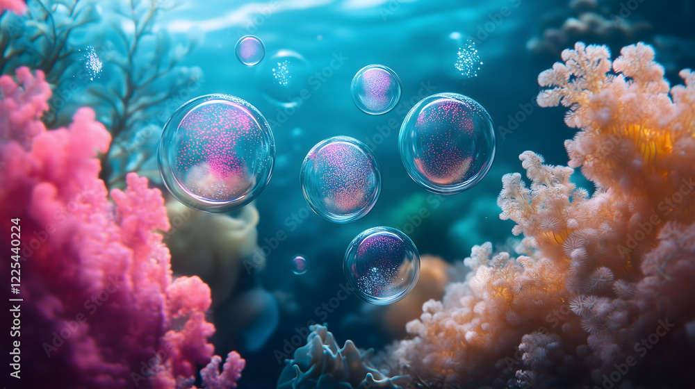 Poster serene underwater view showcasing colorful corals and floating bubbles with sunlight. generative ai