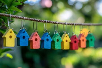 Colorful miniature houses hang from a rope creating a charming display against a blurred green background