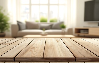 Blurred living room interior with a wooden table for product display in the foreground, a blurred background of modern home decor and furniture, including a sofa, TV stand, and window
