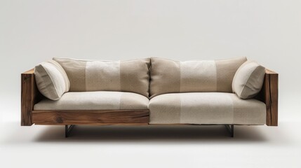 Sofa with wood accents on a white backdrop for relaxation.