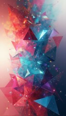 A stunning array of vibrant, translucent triangles bursts forth against a mesmerizing cosmic background, creating a sense of depth and movement. This captivating image evokes feelings of wonder and