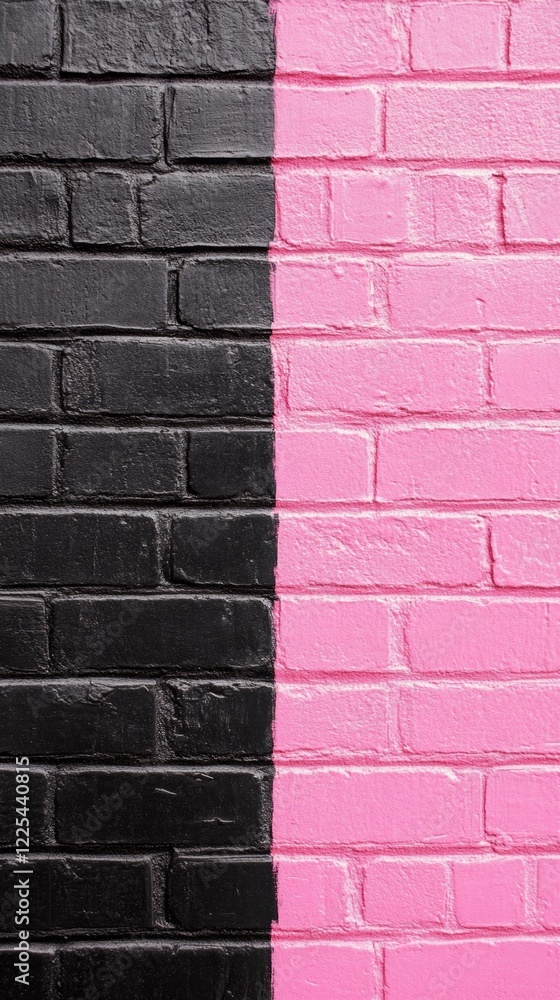 Poster a striking urban art display fills the backdrop with bold sections of black and pink bricks, emphasi