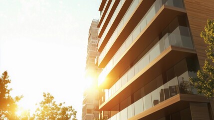 Fototapeta premium A tall building with a lot of windows and a sun shining on it