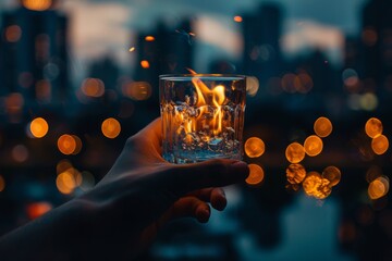 Hand holding a glass with fire against city light bokeh background