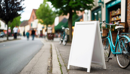Obraz premium White sandwich board stands empty in a charming small-town street. Bicycles, trees, and a local craft store create a peaceful atmosphere, blurred figures nearby.