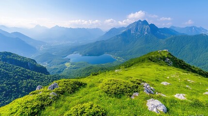 Fototapeta premium Alpine lake panorama, mountain vista, scenic hike, summer day