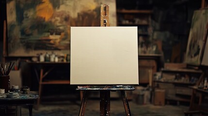 An empty canvas on an easel with a few brush strokes of paint in an art studio. The background shows blurred paintings