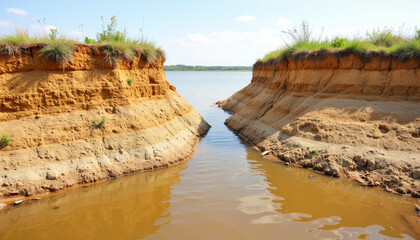 Fototapeta premium Riverbank erosion revealing soil layers under clear sky, environmental awareness