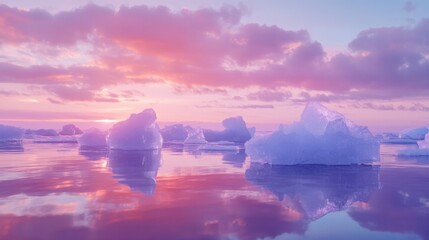 The frozen shore is covered with ice on the background of the sunset by the sea. Cold natural background
