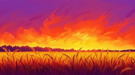 Fototapeta premium Golden Wheat Field Sunset Landscape Painting