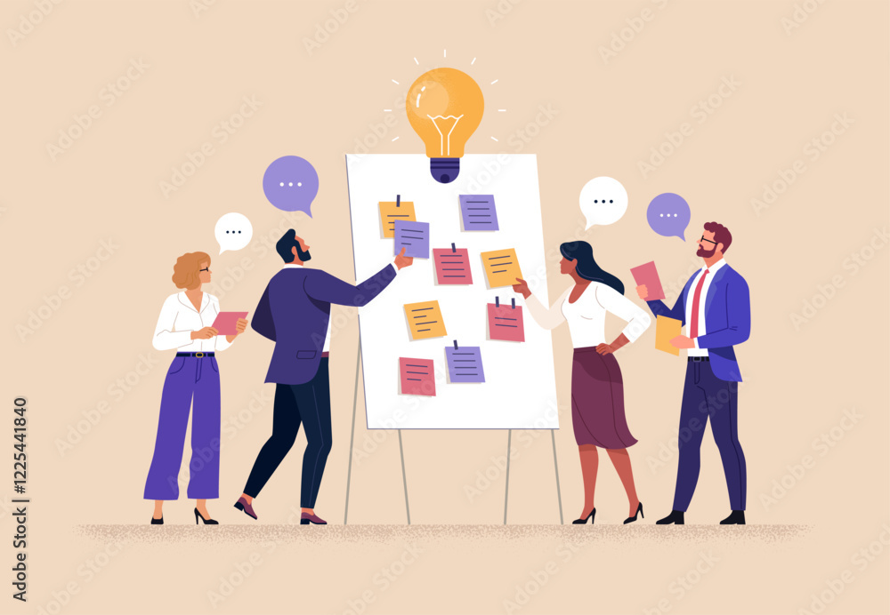 Poster business workshop concept. vector cartoon illustration of a group of diverse people standing near a 