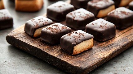 A close up of domino-shaped cookies dipped in dark chocolate, arranged on a rustic wooden board, isolated on white background