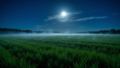 Moonlit rural fields enveloped in mist at night, serene tranquility