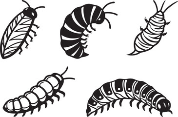 Variant style of caterpillar silhouette vector illustration, isolated on a white background.