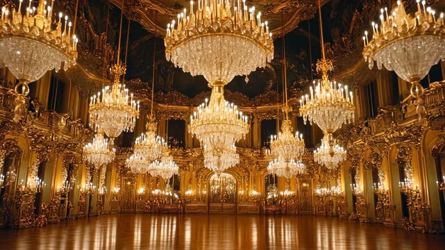 Elegant ballroom with ornate chandeliers and lavish decor in a historic grand hall during evening hours