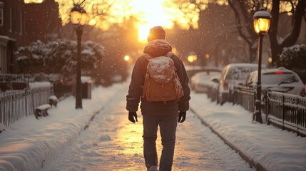 Winter Solitude: A lone traveler walking through a snow-covered street during a captivating sunset.
