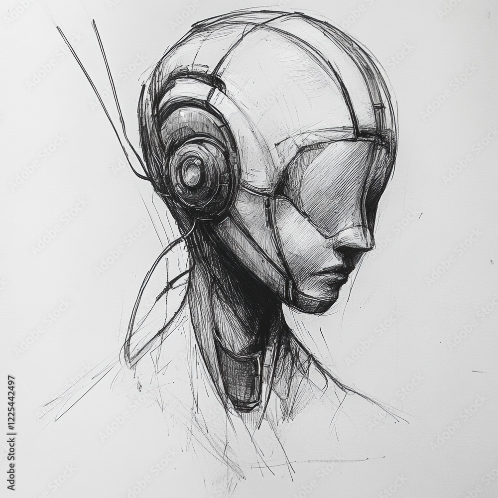 Aufkleber robotic head sketch with intricate details showcasing advanced design concepts and futuristic elemen