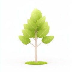 Fototapeta premium A simple green tree with a light trunk, surrounded by grass, set against a white background, symbolizing nature and growth.