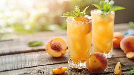 Fototapeta premium Trendy Peach Mocktail on Wooden Cafe Table