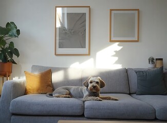 Cozy modern Scandinavian living room featuring a gray sofa with a dog lounging comfortably, framed mock-up wall art, and warm vintage wooden accents