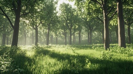 Obraz premium Sunlit Forest Meadow Serene Tranquil Green Trees