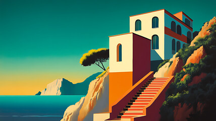 Fototapeta premium Elegant Coastal Villa Overlooking a Calm Sea During Sunset