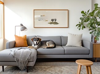Cozy modern Scandinavian living room featuring a gray sofa with a dog lounging comfortably, framed mock-up wall art, and warm vintage wooden accents