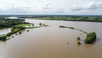 Fototapeta premium Flooded rural landscape after heavy rain, nature's impact