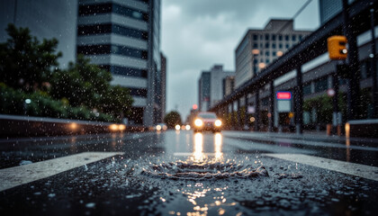 Intense rainfall drenching city street during heavy storm, urban realism