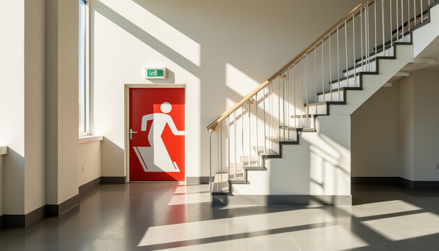 Emergency exit signage directing safety in commercial building, evacuation