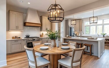 Fototapeta premium Cozy open kitchen with beige walls, a round wooden dining table, and Scandinavian-inspired decor, including simple pendant lights and light wood flooring