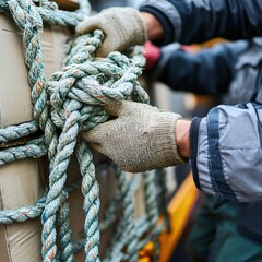 Worker securing cargo with thick rope and gloves in outdoor setting close up detail