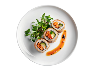 Three sushi rolls with a sauce on a white plate