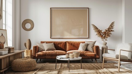 Warm and cozy living room decor with mock-up poster frame, brown sofa, coffee table, boucle armchair, console, and personal items.
