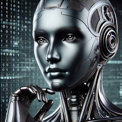 Fototapeta premium Close-up view of a highly detailed, futuristic robotic head and shoulders 