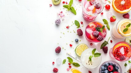 White background with space for text featuring summer drinks, fruits, and snacks