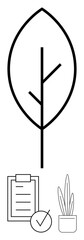 Leaf and tree outline above clipboard checklist, circular checkmark, and potted plant. Ideal for sustainability, organization, eco-business, productivity, growth, green lifestyle abstract line flat