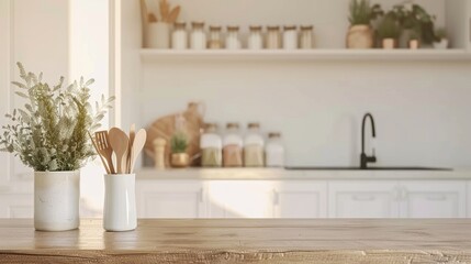 White kitchen with utensils, plant on countertop, copy space, front view