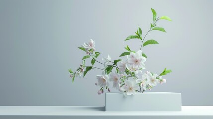 White square podium with spring flower on light grey background for showcasing products.
