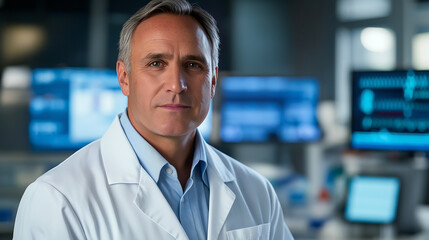 Fototapeta premium A middle-aged male doctor with a calm demeanor, dressed in a fitted white lab coat over a light blue shirt, standing in front of a blurred background of medical charts and high-tech monitors