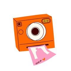Retro photo camera with polaroid photo frame Pink sticker. Vintage camera. Childish print for cards, stickers, party invitations and decoration Romantic doodle vector icon for decorating gift presents