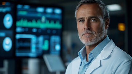 A middle-aged male doctor with a calm demeanor, dressed in a fitted white lab coat over a light blue shirt, standing in front of a blurred background of medical charts and high-tech monitors