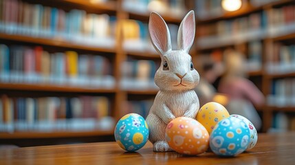 Cute bunny surrounded by colorful Easter eggs in cozy library se