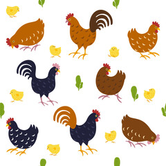 Vector illustration of a chicken, poultry, chick pattern, cute cartoon style. Seamless Pattern Traditional design patterns are used for fabrics, backgrounds, rugs, wallpaper, clothing, and pillowcases