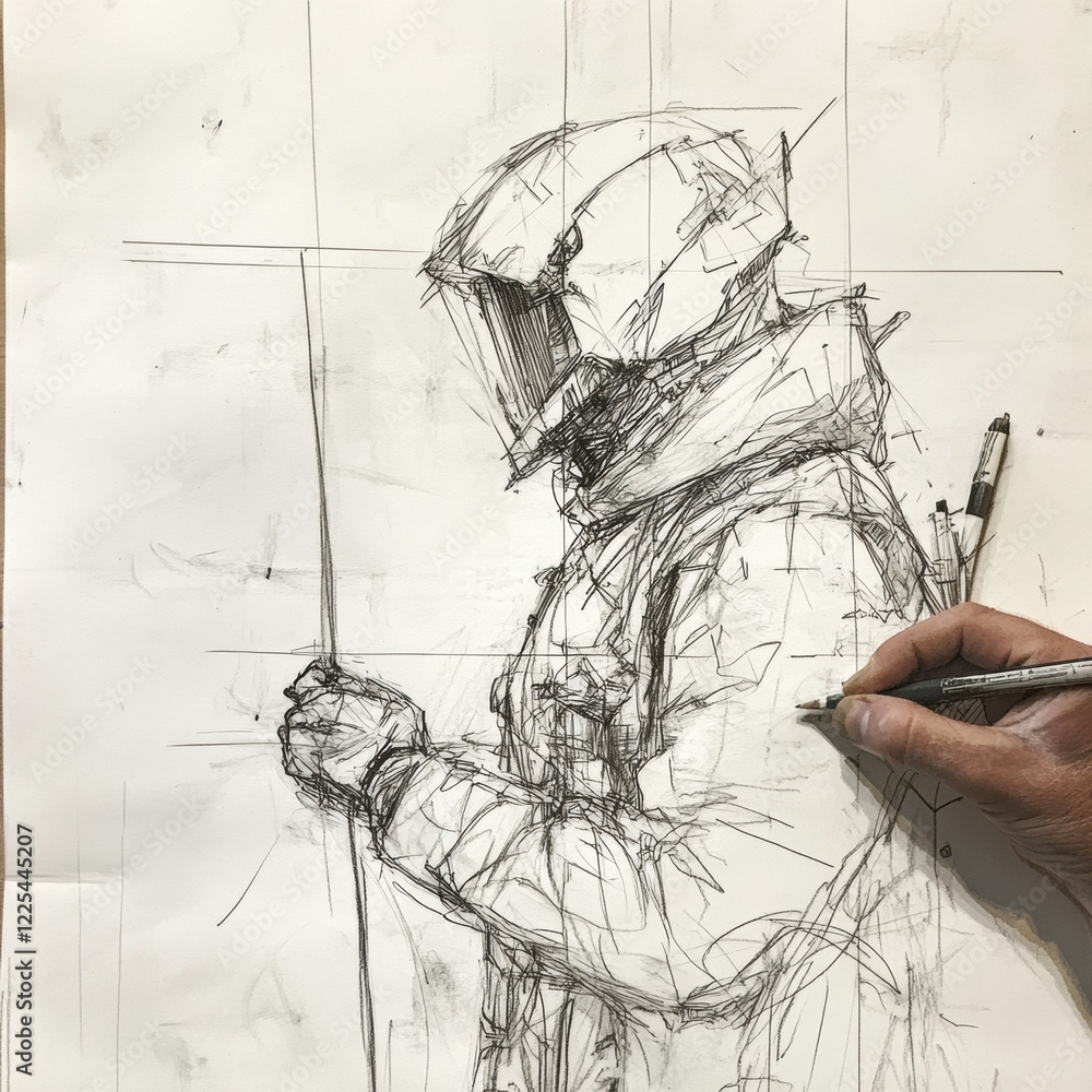 Poster artist creating a detailed sketch of a helmeted figure in a studio setting with natural light during