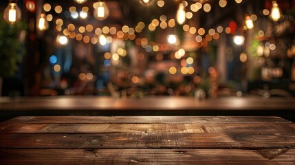 Wooden table against blurred backdrop of chic restaurant at night, ideal for conveying lively, modern dining ambiance