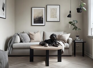 Cozy Scandinavian-inspired living room featuring a gray sofa, wooden coffee table, a stylish dog